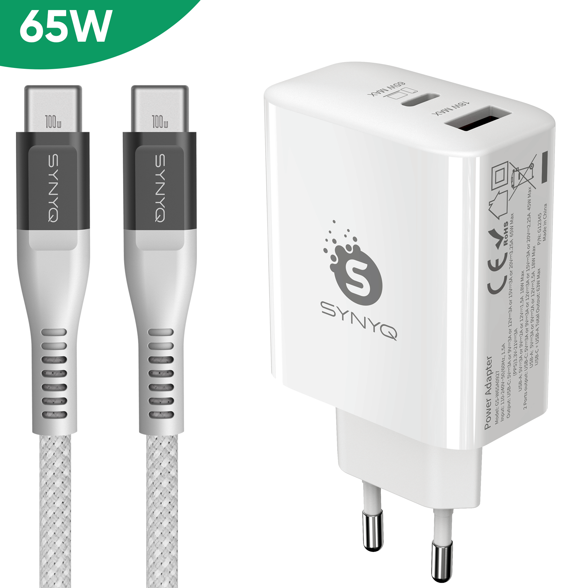 Synyq 65W Snellader - Gecertificeerd - Oplader Geschikt voor iPhone 15/16 en Samsung