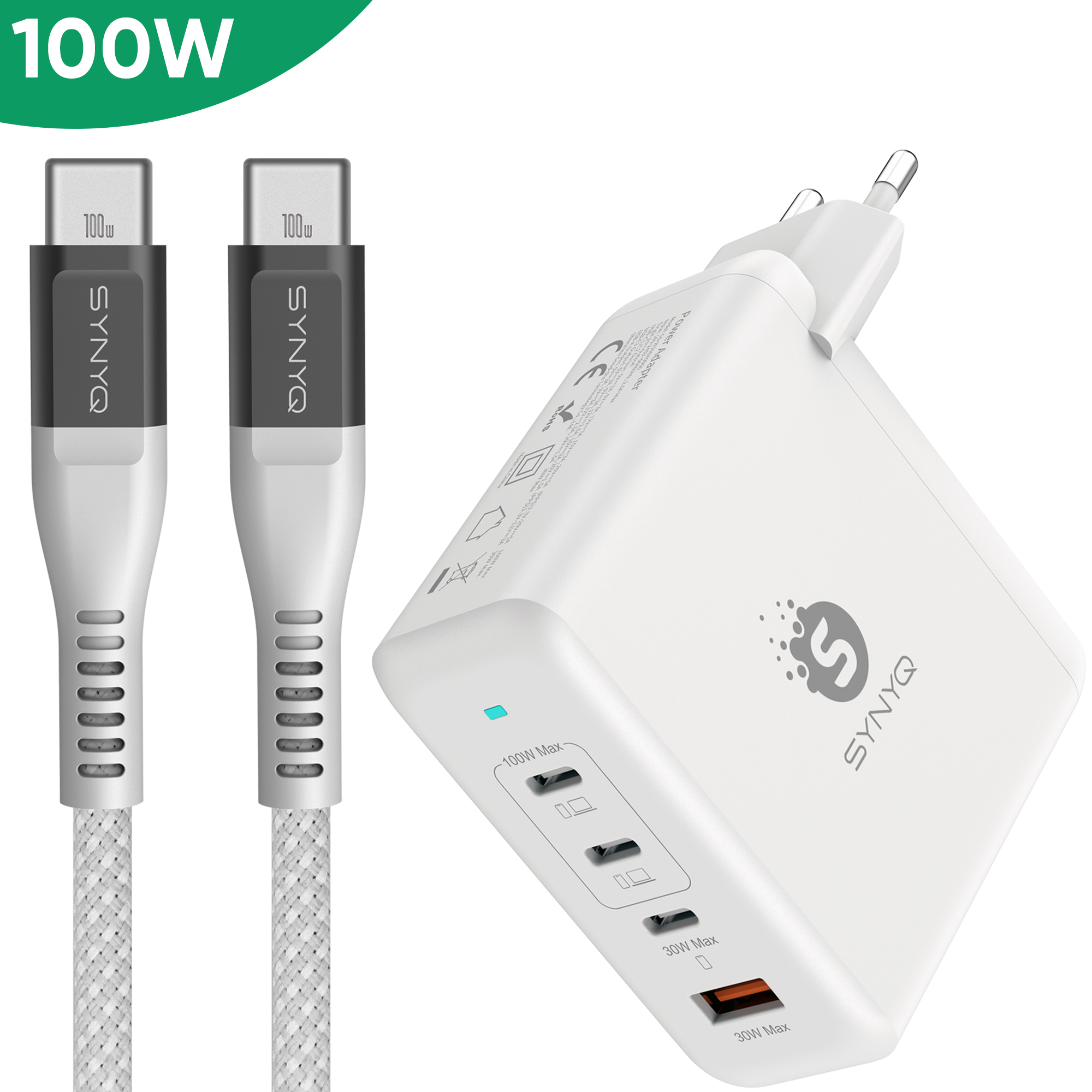 Synyq 100W GaN2 Snellader - 4 Poorten Universele Oplader Geschikt voor Smartphones, Tablets en Laptops