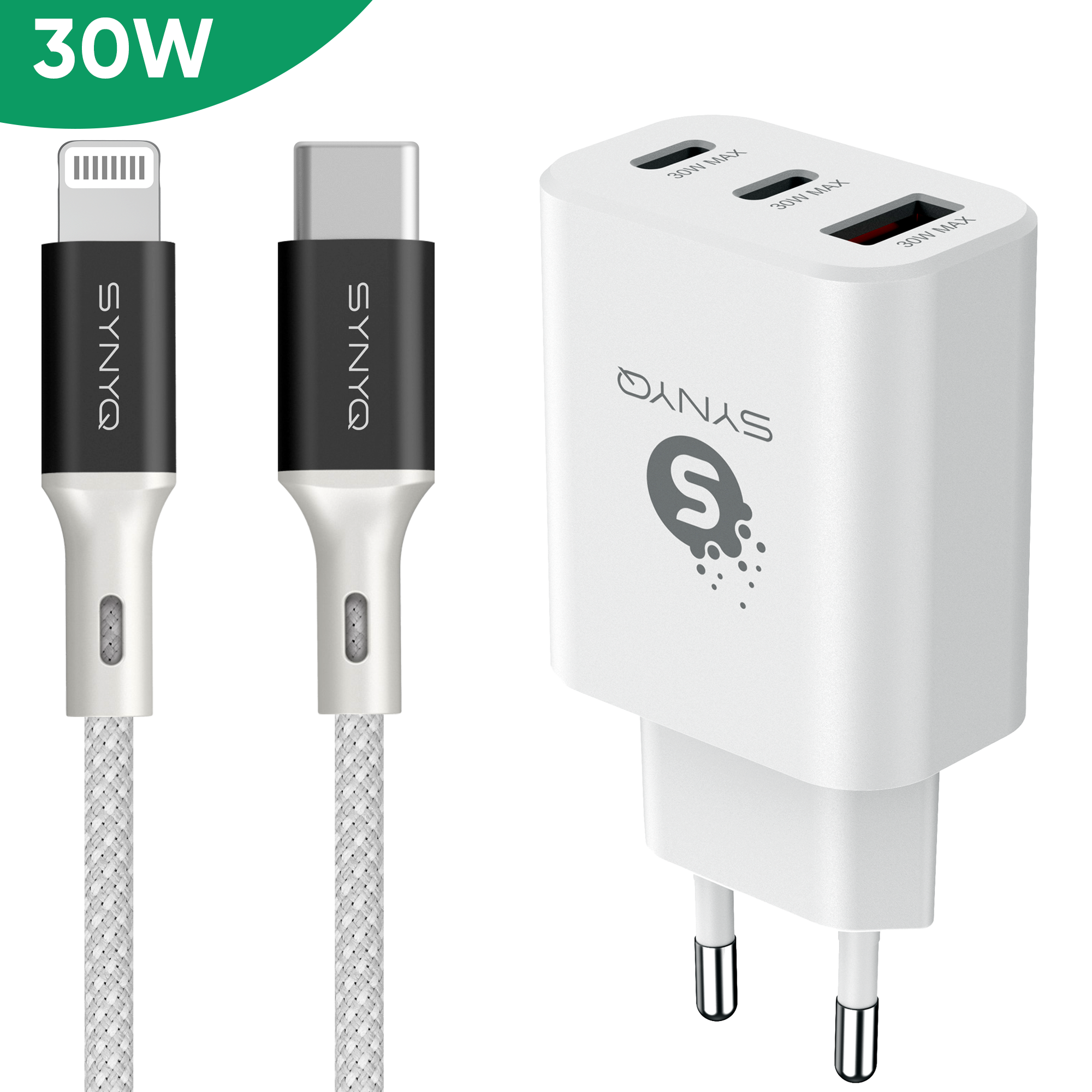 Synyq 30W 3 Poort Snellader - Lader geschikt voor Iphone - Geschikt voor iPhone 14/13/12/11/X