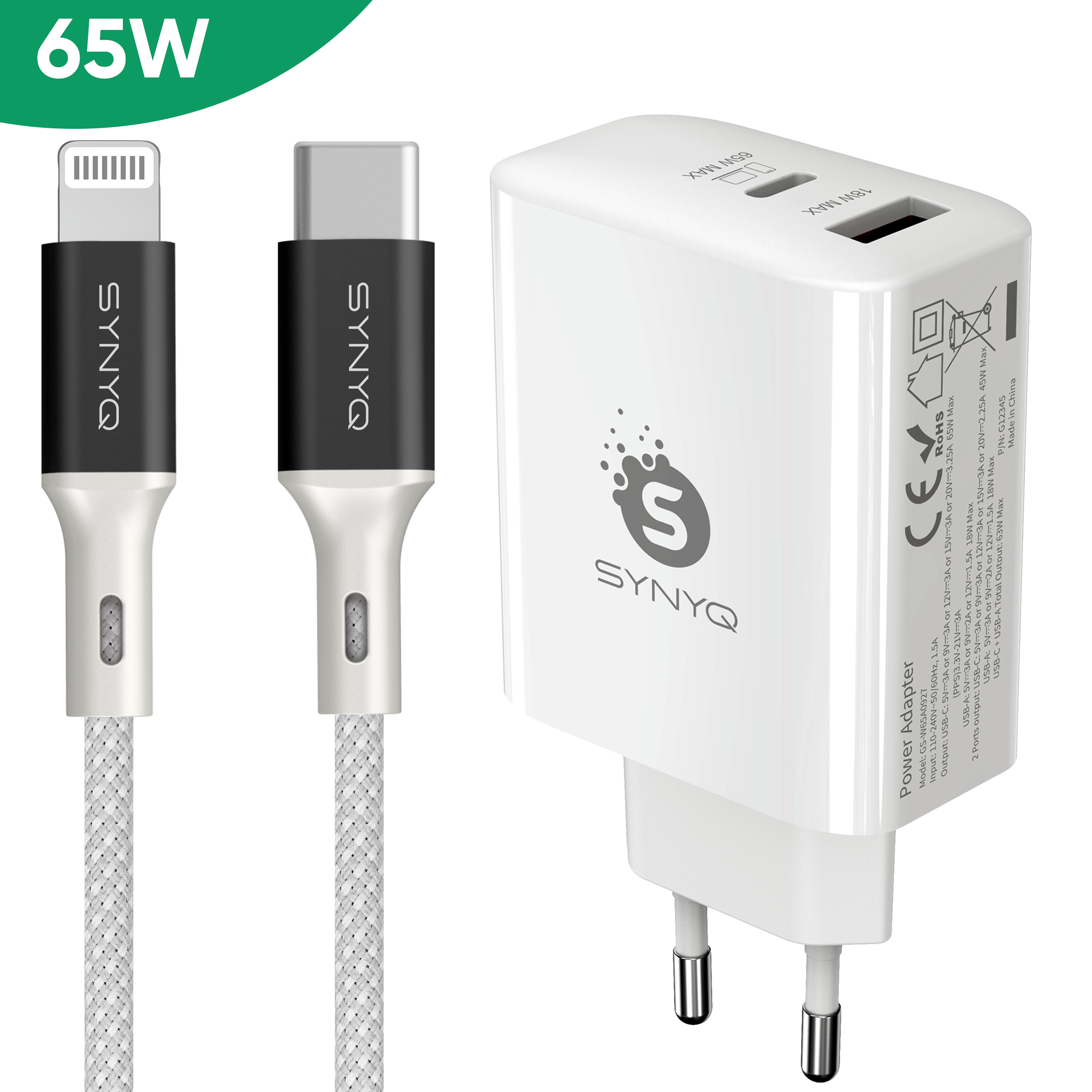 Synyq 65W Dual Snellader - Gecertificeerd - Lader geschikt voor Iphone - Geschikt voor iPhone 14/13/12/11/
