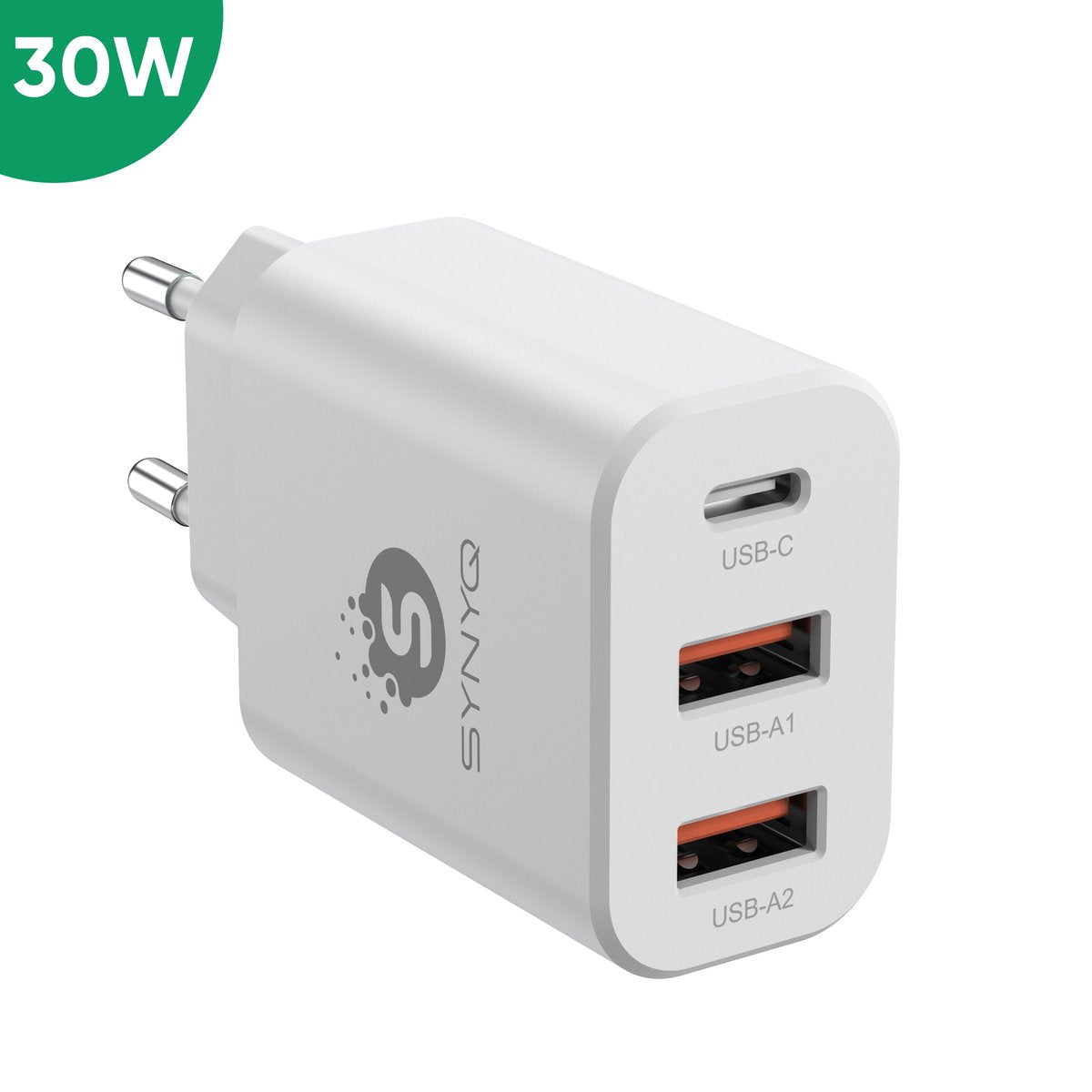 Synyq 30W Snellader 3-Poorts - 2x USB-A & 1xUSB-C - Geschikt voor Apple/ Samsung/ Google