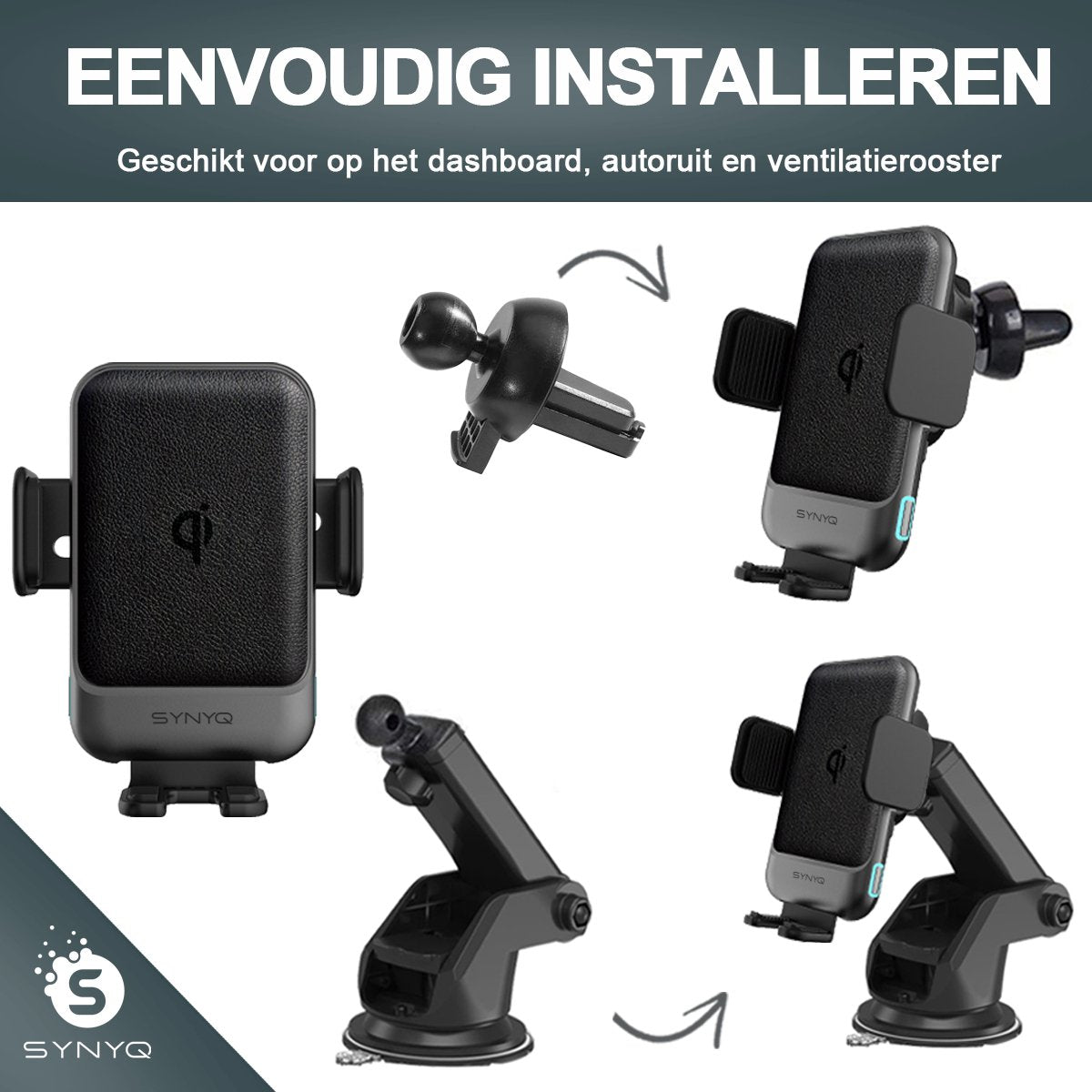 Synyq Auto Telefoonhouder met Draadloze Oplader & Autolader