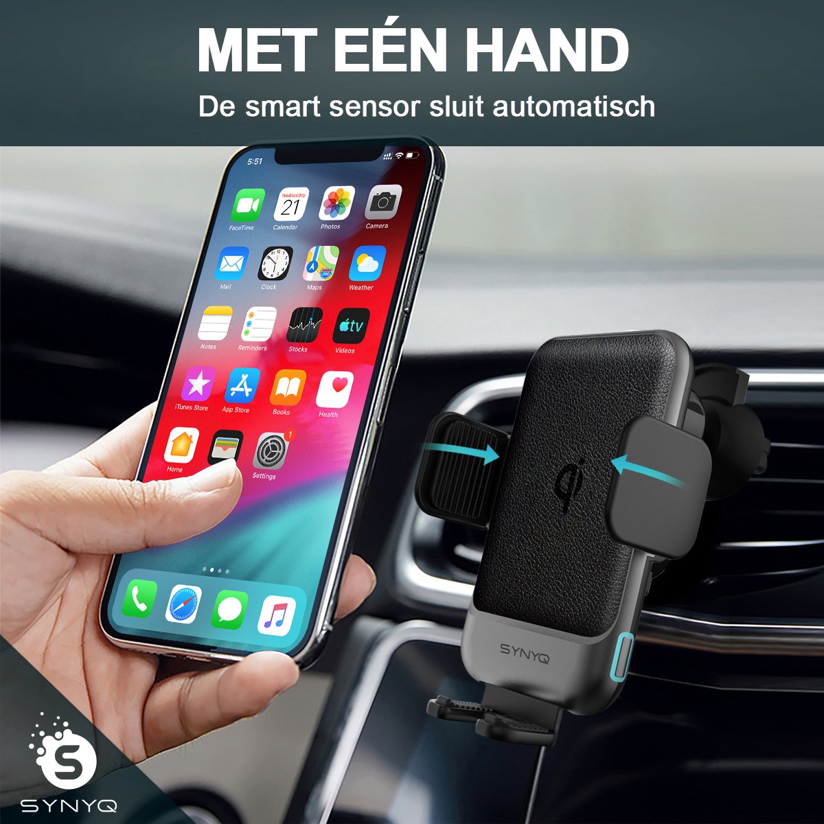 Synyq Auto Telefoonhouder met Draadloze Oplader & Autolader