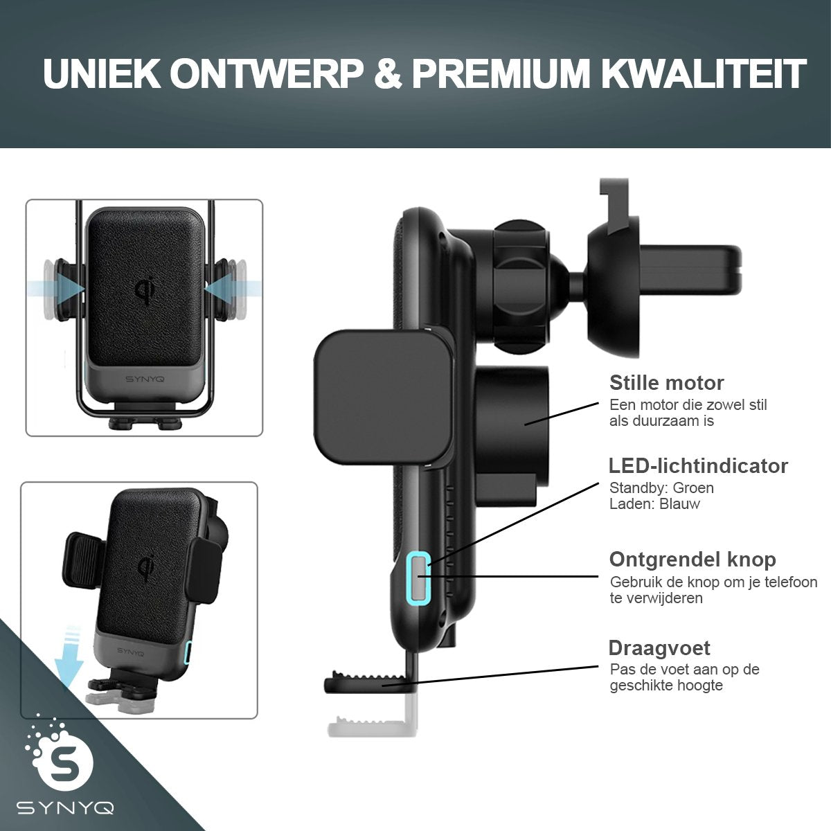 Synyq Auto Telefoonhouder met Draadloze Oplader & Autolader