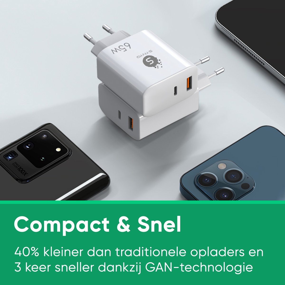 Synyq 65W Snellader - 2 Poort USB Adapter - Oplader Geschikt voor iPhone en Samsung