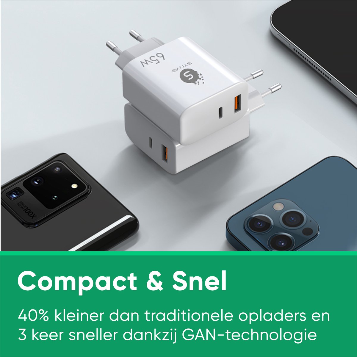 Synyq 65W Snellader - Gecertificeerd - Oplader Geschikt voor iPhone 15/16 en Samsung