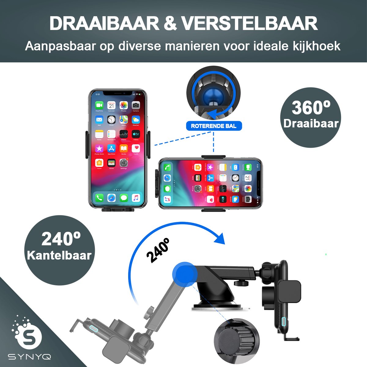 Synyq Auto Telefoonhouder met Draadloze Oplader & Autolader