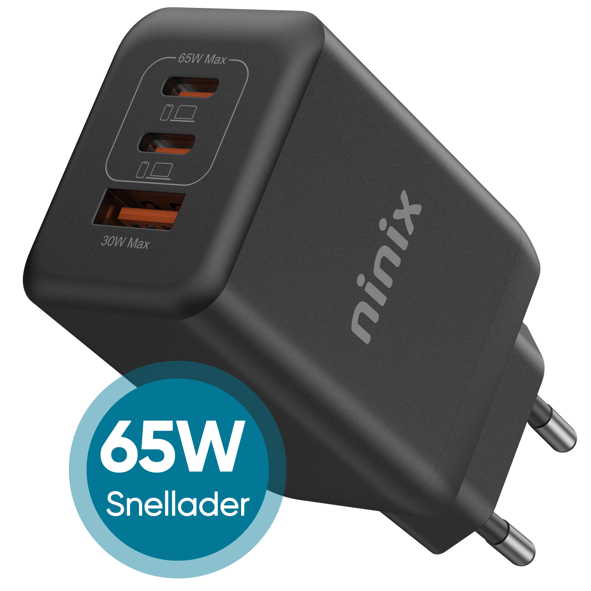 Ninix Snellader GaN 65W - 3 Poorten - Snel Oplaadadapter - Oplader iPhone - Oplader Samsung - Snellader iPhone - Universeel oplader