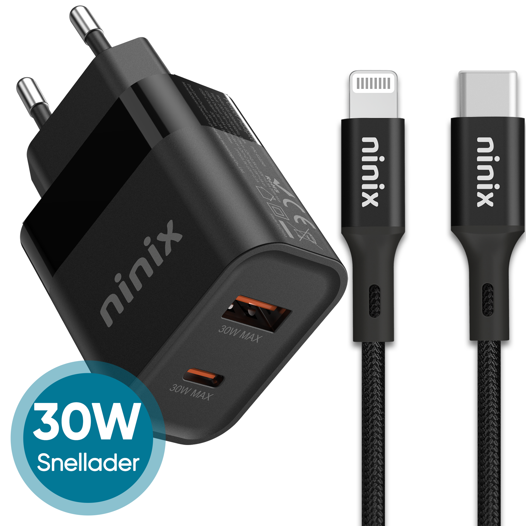 Ninix 30W GaN Snellader 2 poorten + Lightning kabel - Geschikt voor Apple iPhone 14/13/12/11/X