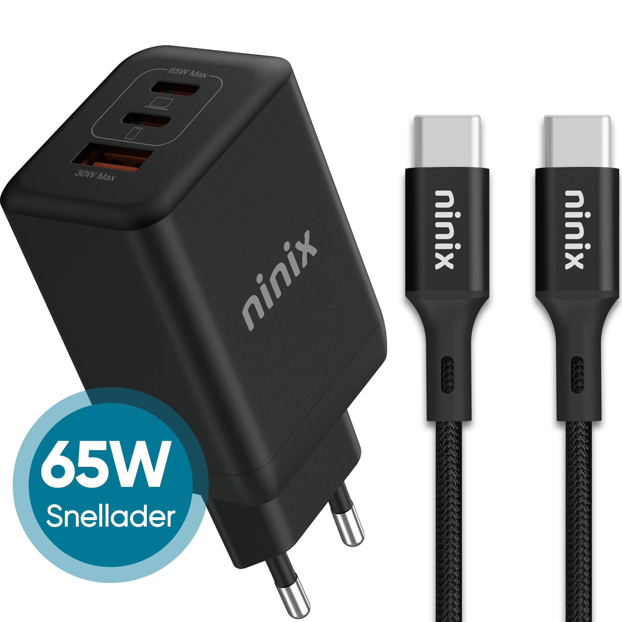 Ninix Snellader GaN 65W + USB-C Kabel - 3 Poorten - Oplader iPhone 15/16 - Oplader Samsung - Snellader Google Pixel - Samsung galaxy lader - Tablet oplader - Notebook Adapter