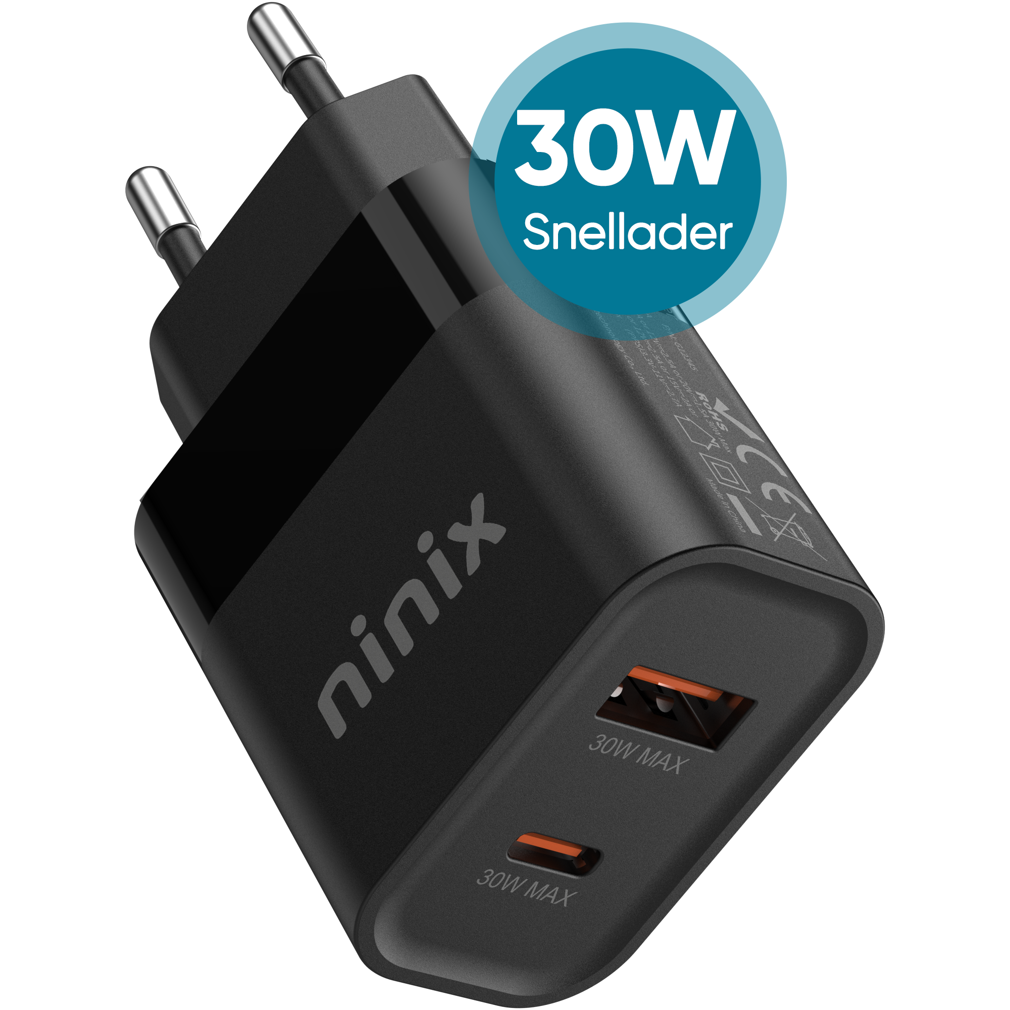 Ninix 30W GaN Snellader -USB C Adapter 2 poorten - Universeel - Oplader - Snellader - USB C Oplader - Adapter USB C - USB C Lader