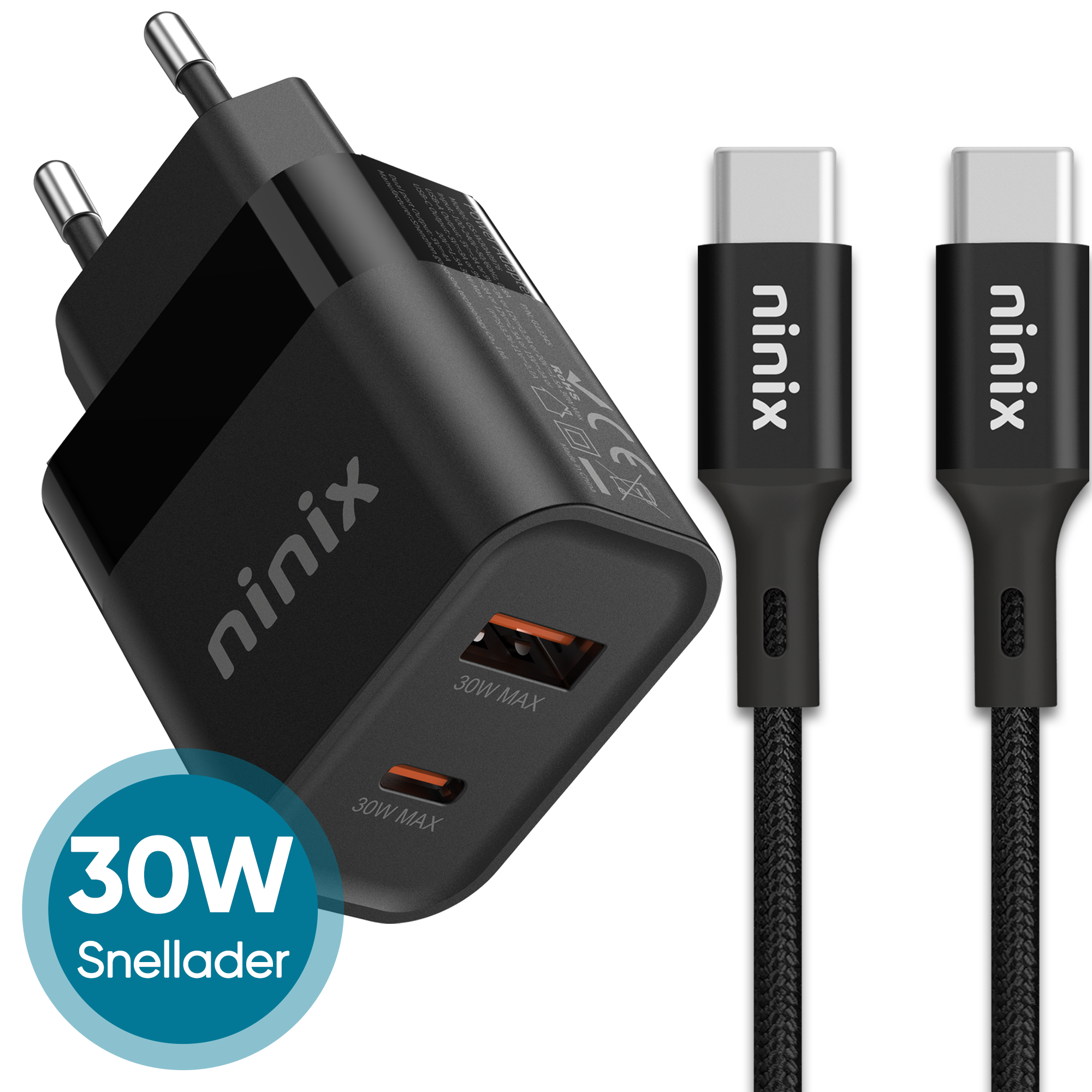 Ninix 30W GaN Snellader + USB-C Kabel - 2 poorten - Geschikt voor Samsung/Google/Apple - Oplader iPhone 15/16 - Snellader Samsung