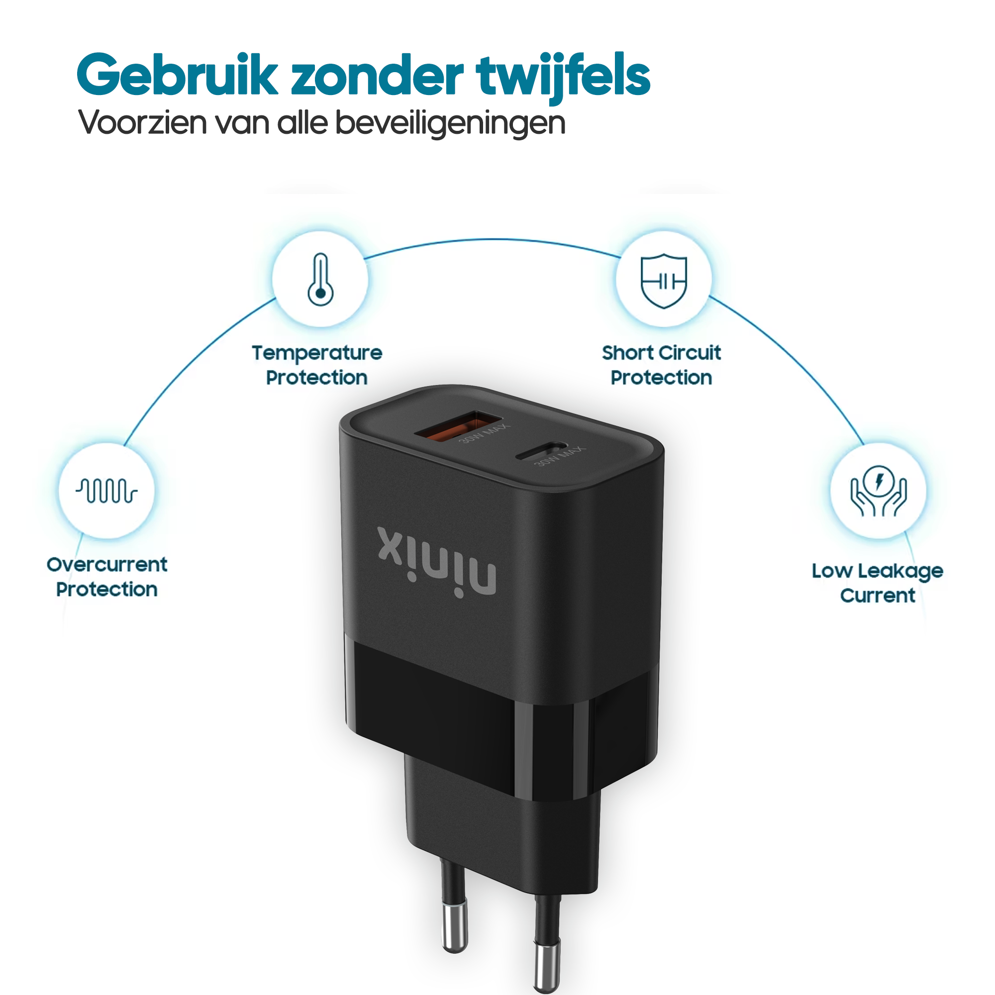 Ninix 30W GaN Snellader 2 poorten + Lightning kabel - Geschikt voor Apple iPhone 14/13/12/11/X