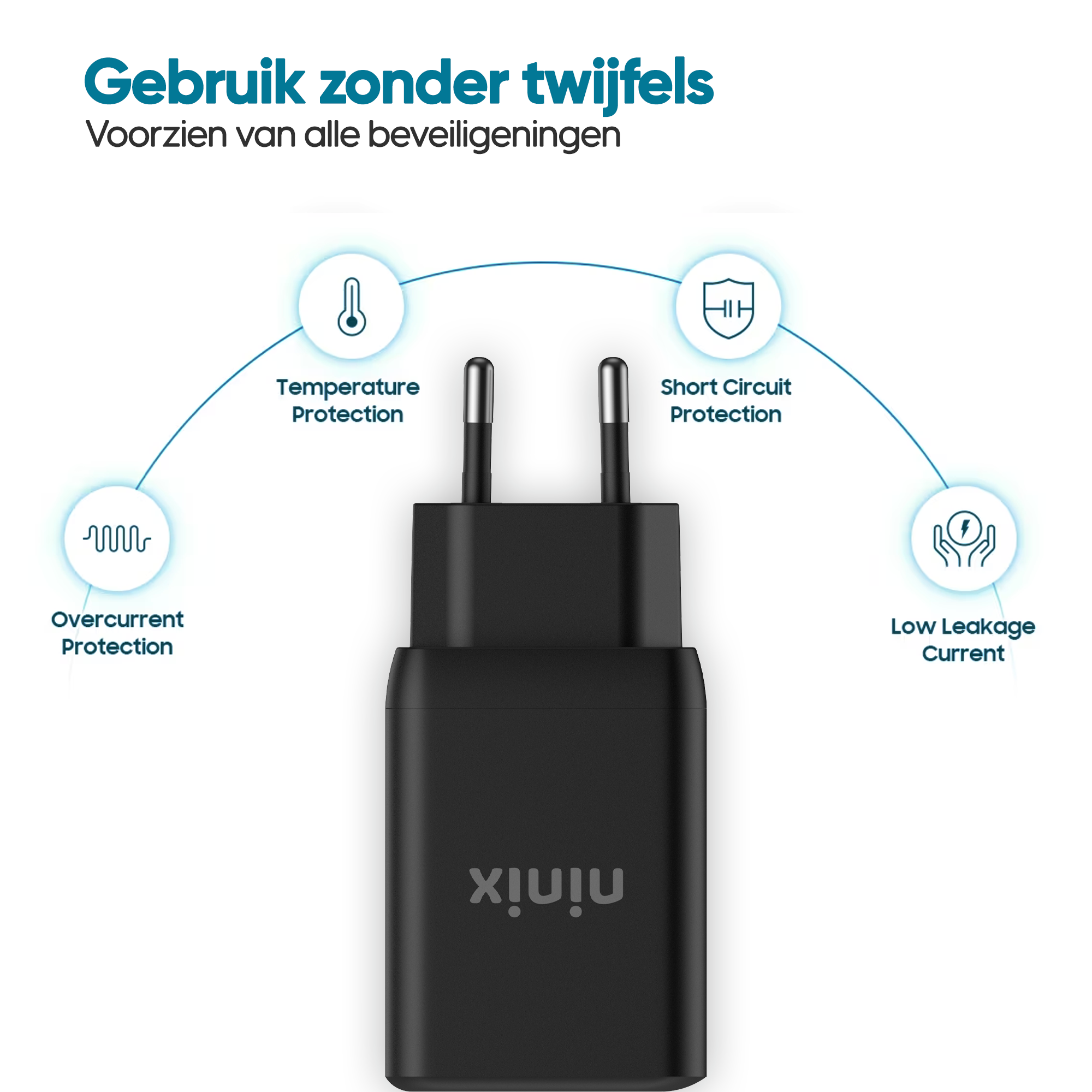 Ninix Snellader GaN 65W + USB-C Kabel - 3 Poorten - Universele Oplader Geschikt voor iPhone, Samsung en Tablets