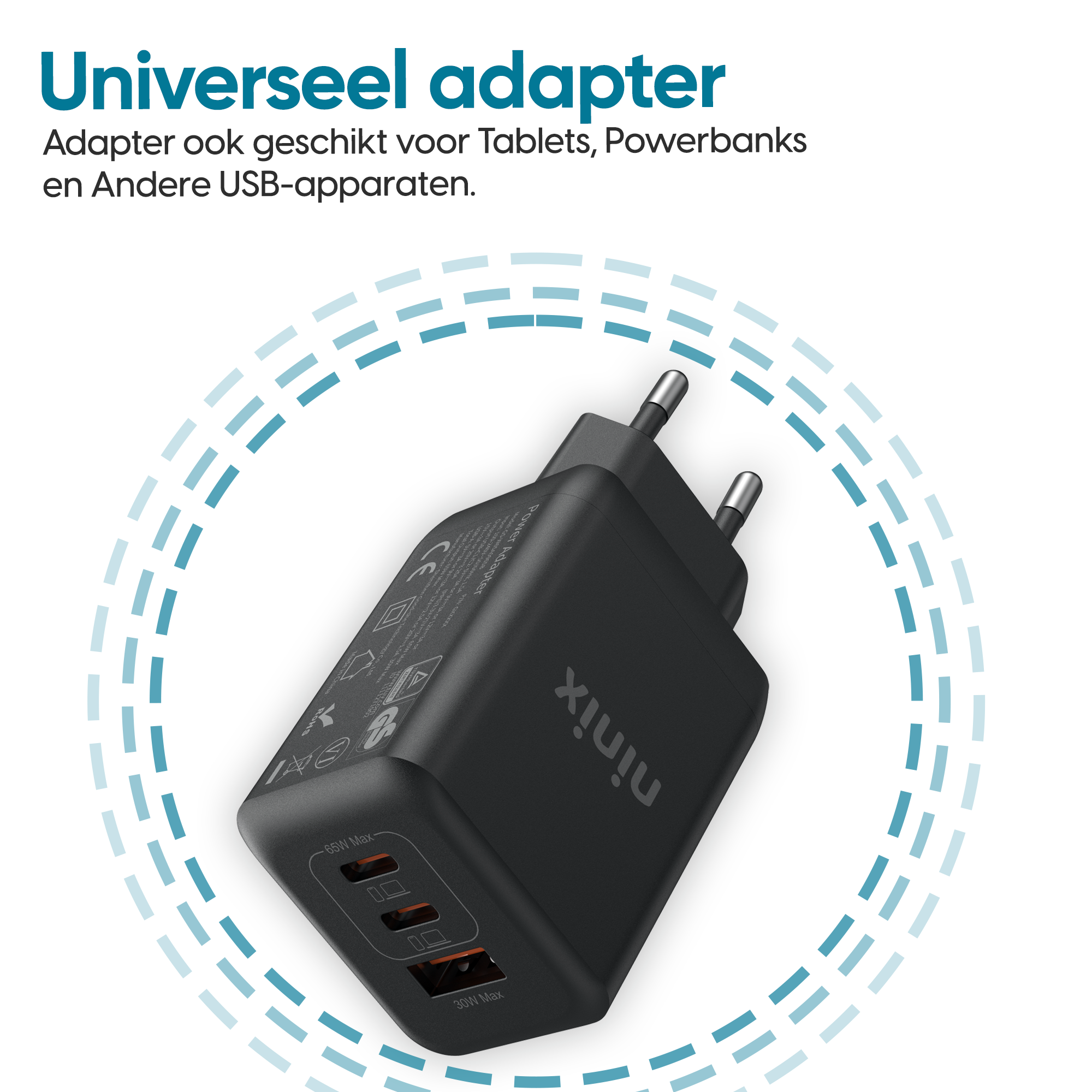 Ninix Snellader GaN 65W + USB-C Kabel - 3 Poorten - Universele Oplader Geschikt voor iPhone, Samsung en Tablets