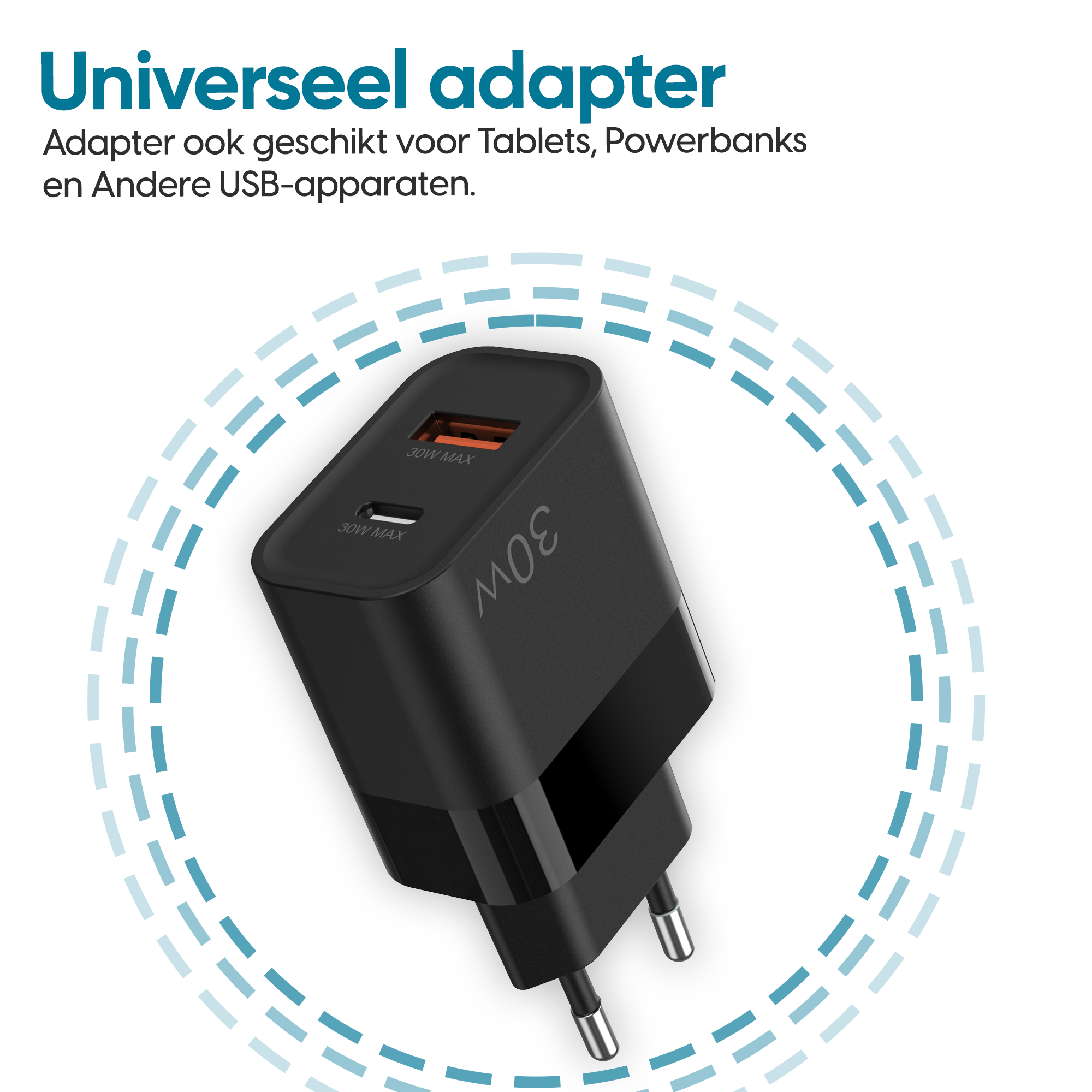 Ninix 30W GaN Snellader 2 poorten + Lightning kabel - Geschikt voor Apple iPhone 14/13/12/11/X