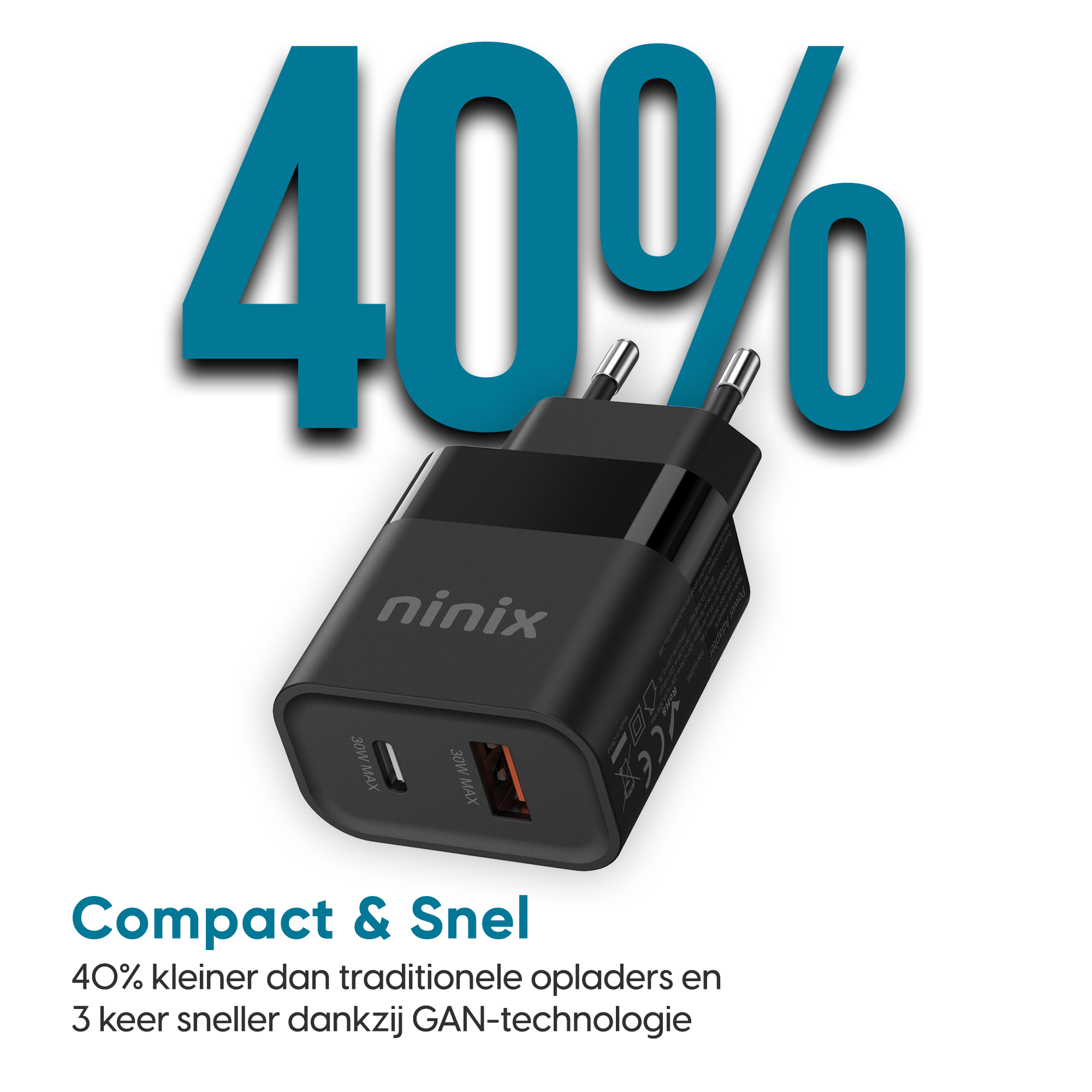 Ninix 30W GaN Snellader 2 poorten + Lightning kabel - Geschikt voor Apple iPhone 14/13/12/11/X