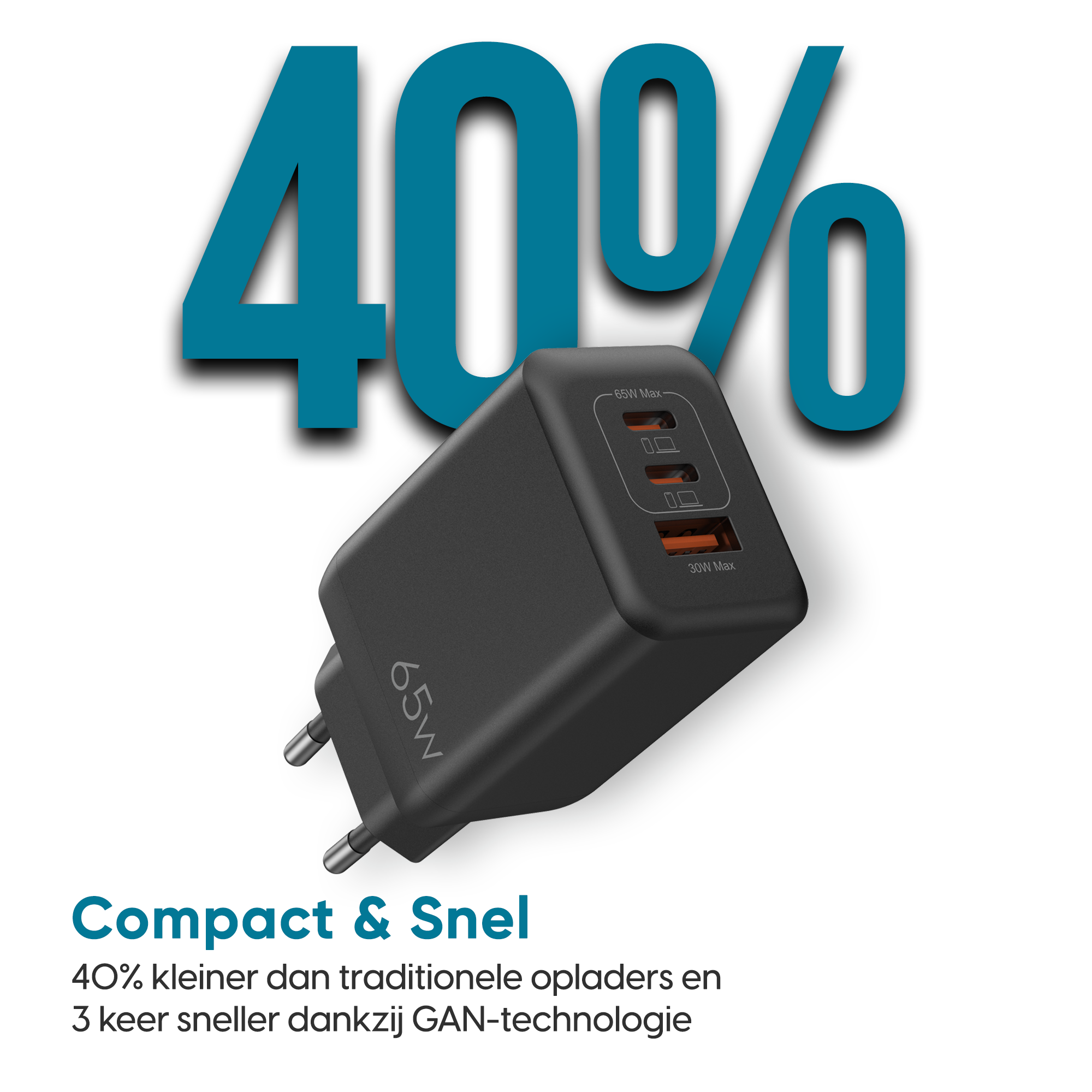 Ninix Snellader GaN 65W + USB-C Kabel - 3 Poorten - Universele Oplader Geschikt voor iPhone, Samsung en Tablets