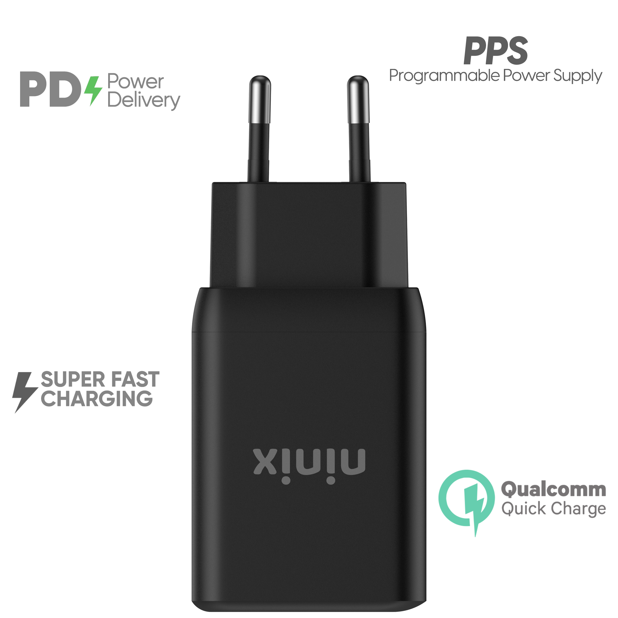 Ninix Snellader GaN 65W + USB-C Kabel - 3 Poorten - Universele Oplader Geschikt voor iPhone, Samsung en Tablets