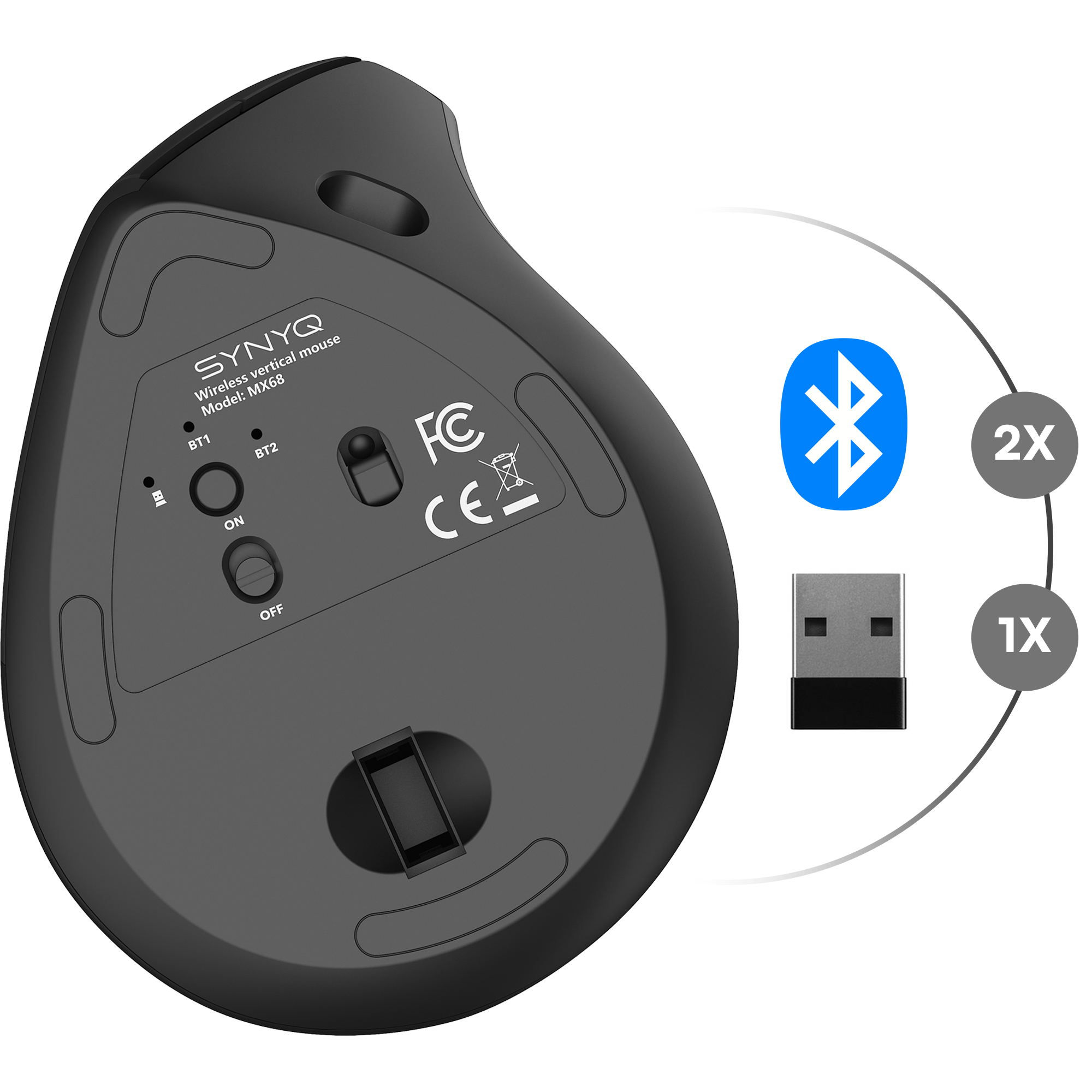 Synyq MX68 - Verticale ergonomische Muis - 3 Apparaten - Bluetooth + USB - Oplaadbaar