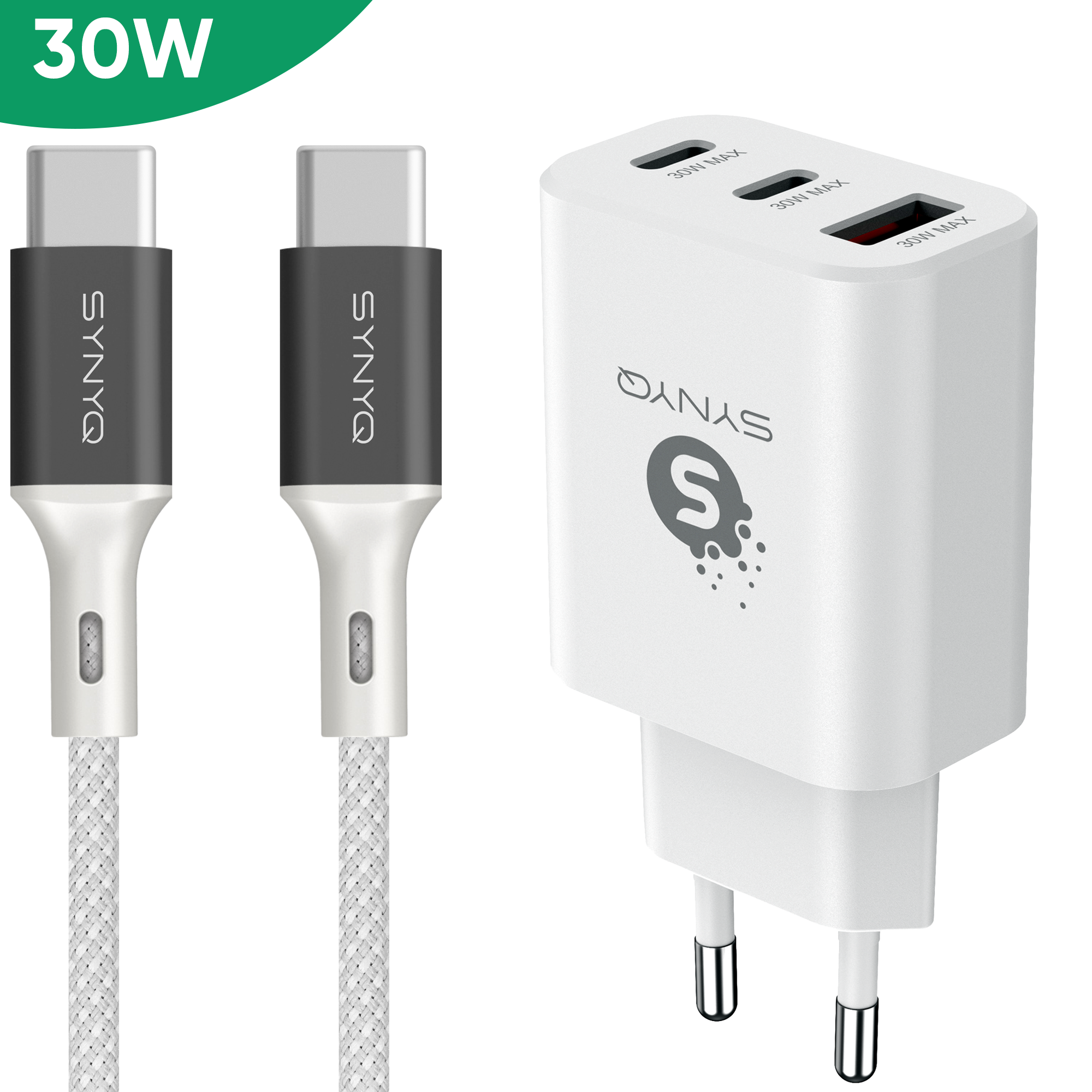 Synyq 30W 3-Poort Snellader - USB C Adapter - Snellader usb c - Usb c lader - Usb c oplader - Universeel