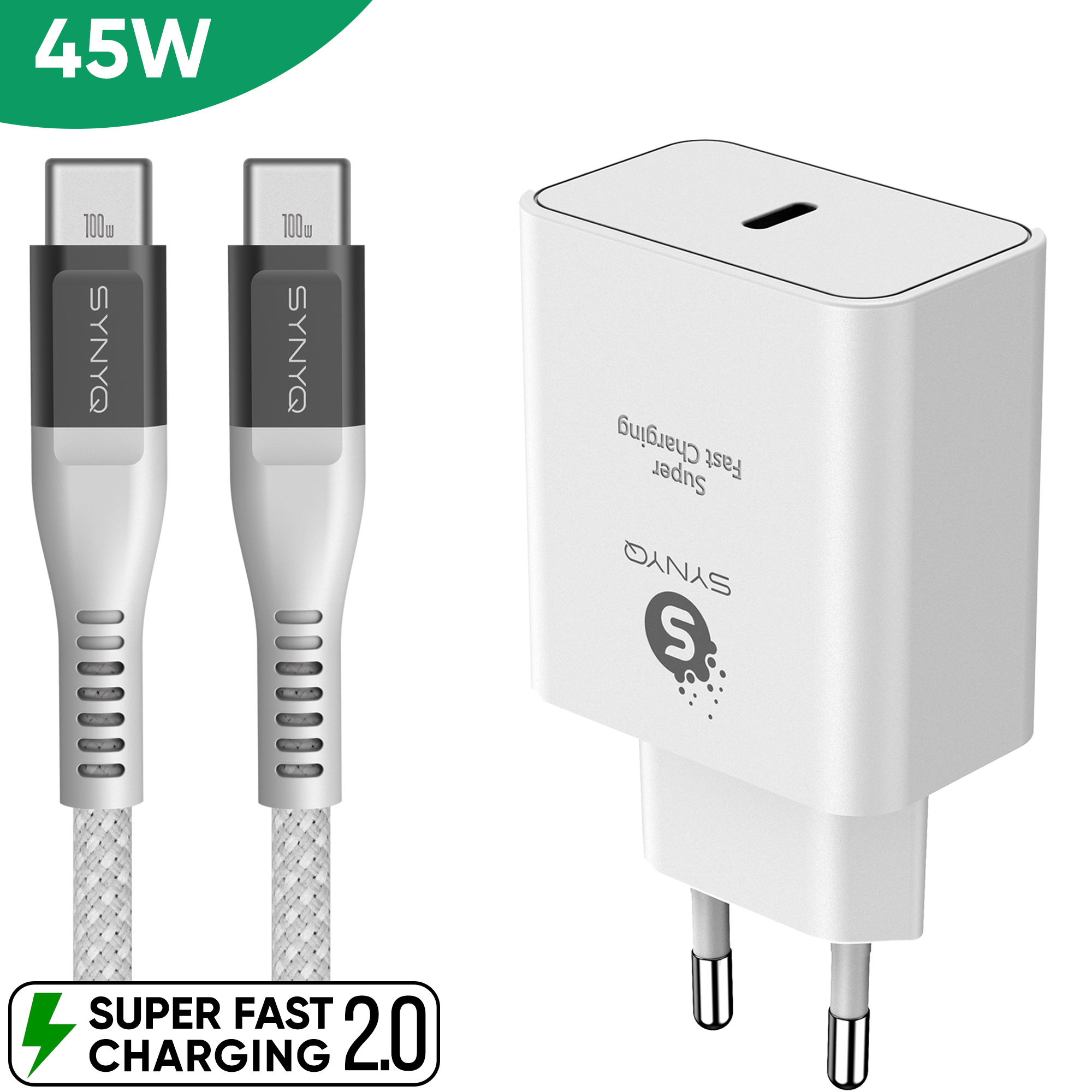 Synyq 45W Snellader - Gecertificeerd - 100W Oplaadkabel - Snellader usb c - Usb c oplader