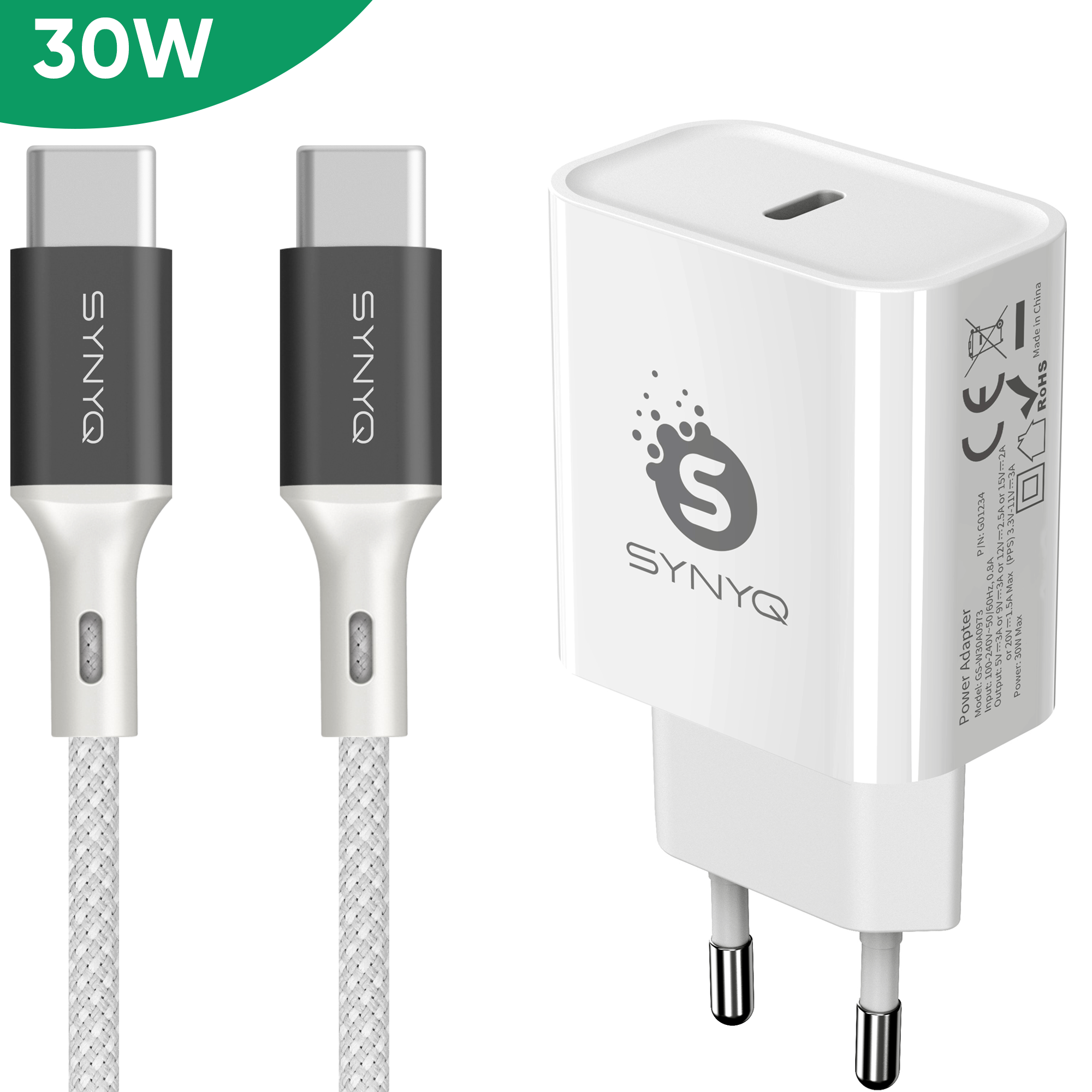 Synyq 30W Snellader - incl. USB C Kabel - Gecertificeerd - Oplader Geschikt voor Samsung, iphone
