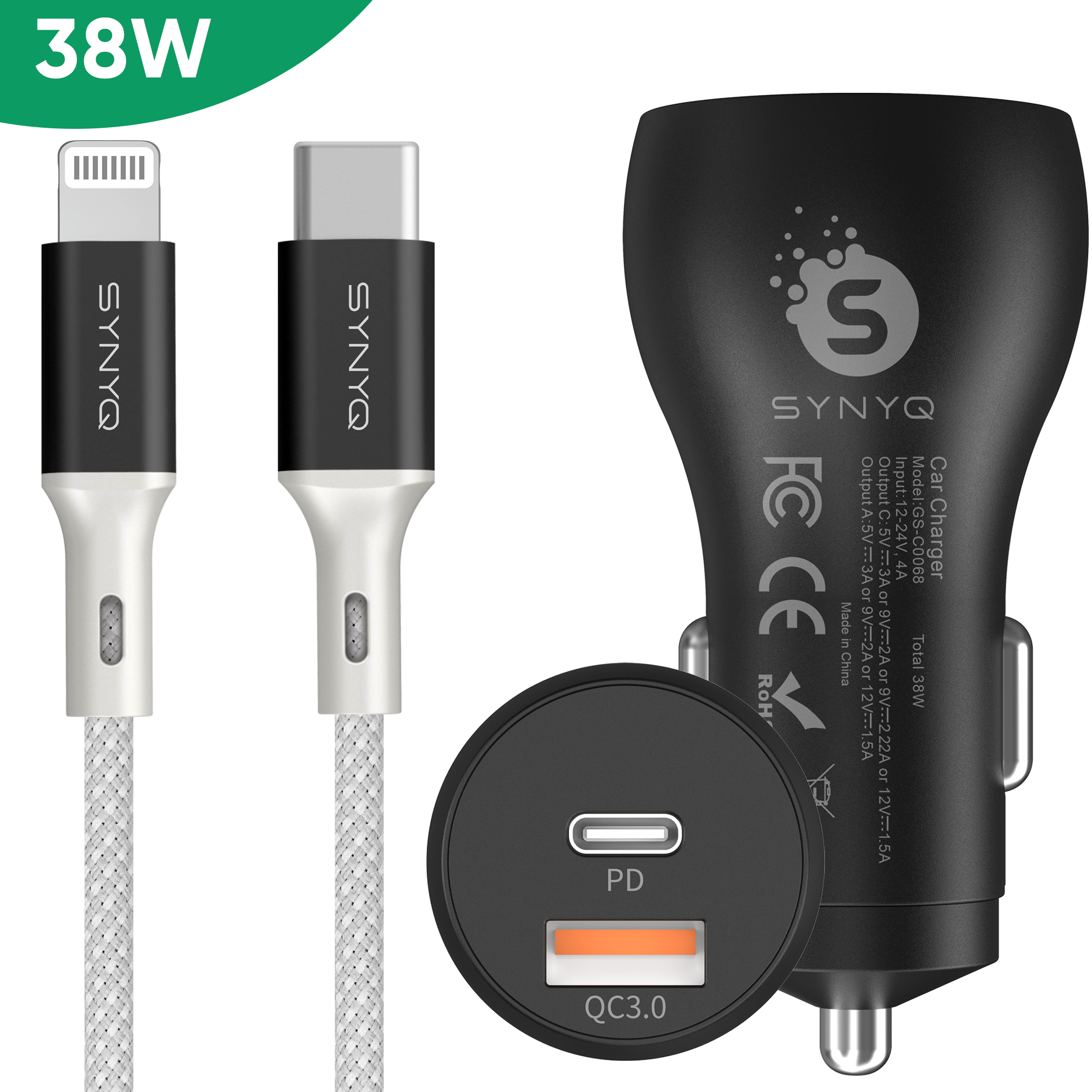 Synyq 38W Auto Snellader - Autolader  1m oplaadkabel - Gecertificeerd - Lader geschikt voor Iphone