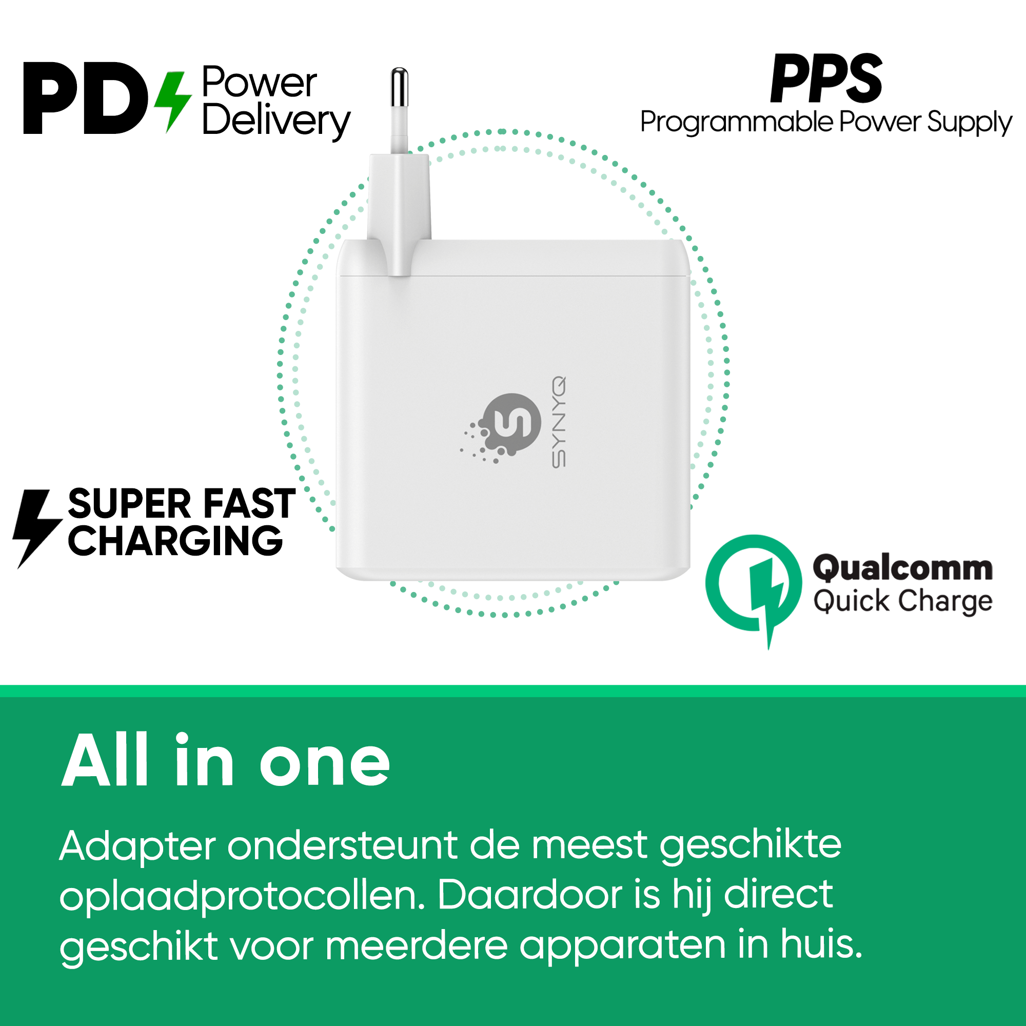 Synyq 100W GaN2 Snellader - 4 Poorten Universele Oplader Geschikt voor Smartphones, Tablets en Laptops